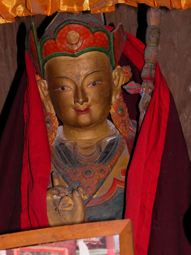 Manaslu 07 19 Sama Gompa Padmasambhava Close Up Here is a close up of the statue of Padmasambhava (Tib. Guru Rinpoche) on the altar in the smaller building at the Kargyu Chholing (Sama) gompa.